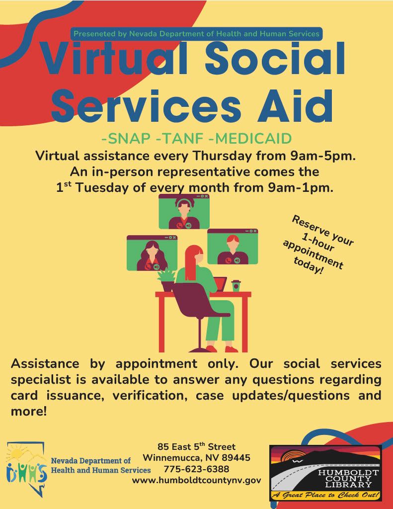 Flyer for Virtual Social Services Aid available every Thursday from 9-5