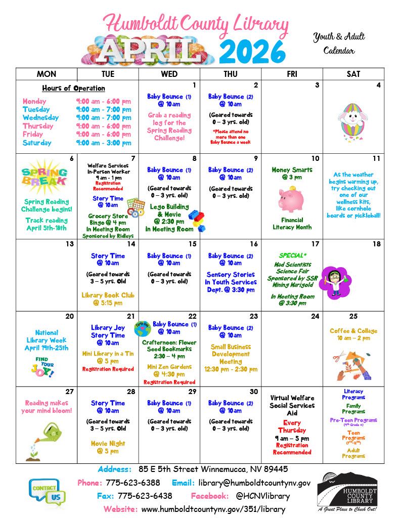 Program calendar for youth and adults at Humboldt County Library in April 2026