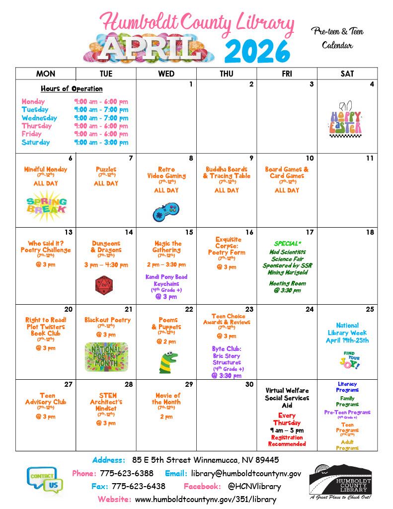 Program calendar for preteens and teens at Humboldt County Library in April 2026