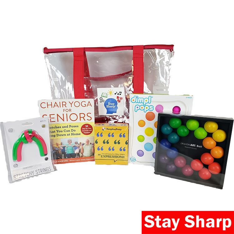 Stay Sharp Kit containing stretchy strings, chair yoga book, expressions game, dimpl pops game