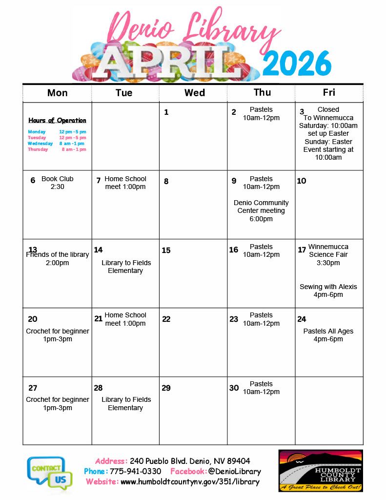 Program Calendar for April 2026 at the Denio Library