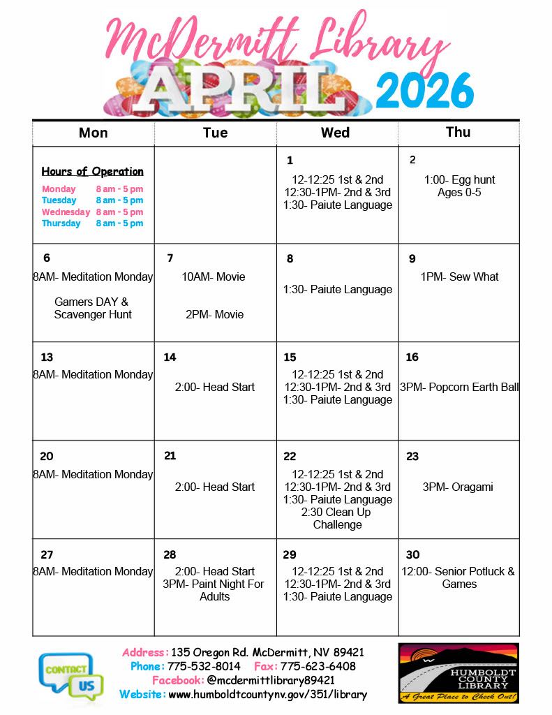 Program Calendar for McDermitt Library in April 2026