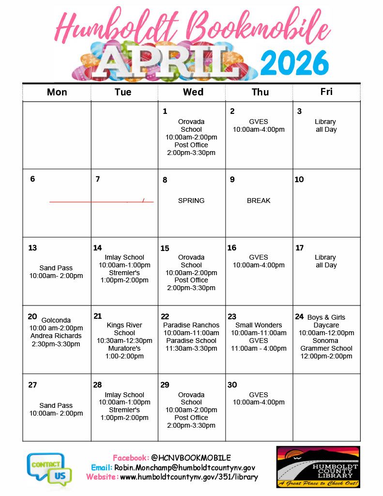 Program calendar for Humboldt Bookmobile in April 2026